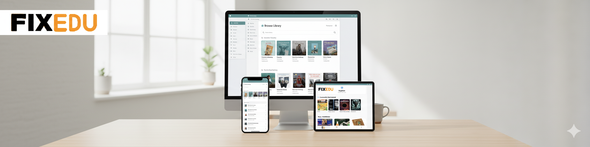 FixEdu interface shown on desktop, tablet, and smartphone